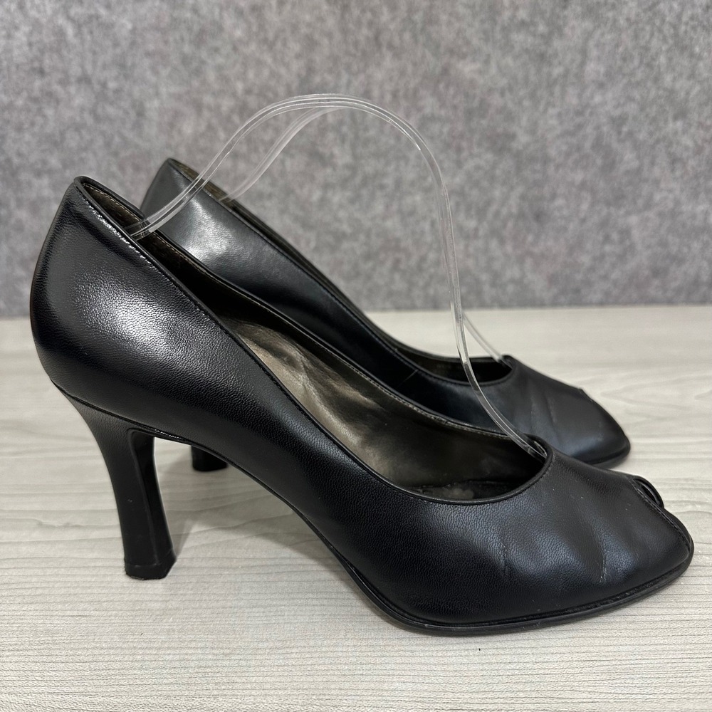 Franco Sarto Peep Toe Heels Black Leather Size 9 Stiletto‎ Pumps